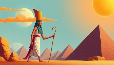An egyptian pharaoh walks through the desert