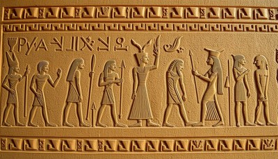 Hieroglyphs carved into an ancient stone wall