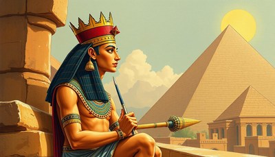 An egyptian pharaoh contemplates the city from his balcony