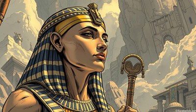 A woman in ancient egyptian garb stands in front of a city