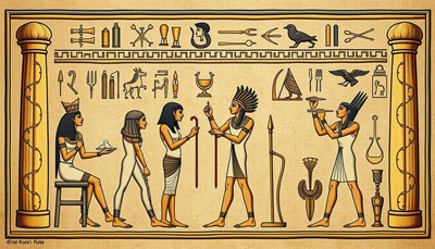 Egyptian hieroglyphs depict a scene with people and symbols