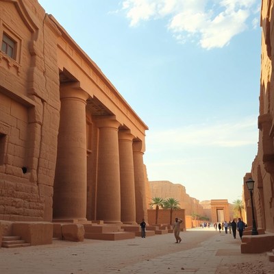 People walk through an ancient temple in hegra