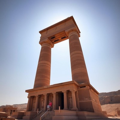 A woman sits at a stone temple entrance in saudi arabia