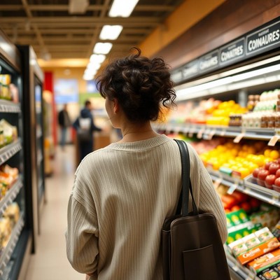 A woman walks through a grocery store aisle