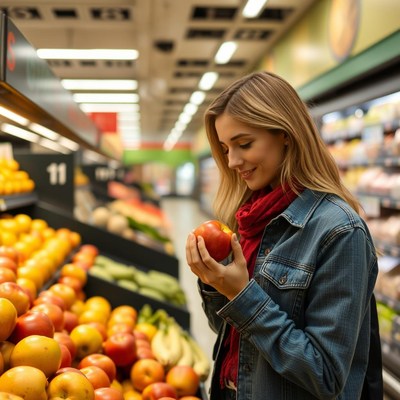 A woman examines a red apple in a grocery store
