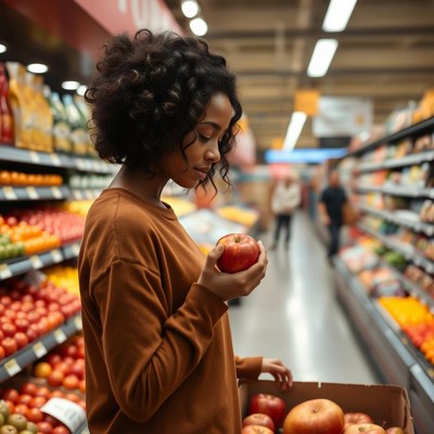 A woman inspects an apple in a grocery aisle