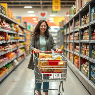 A woman pushes a full shopping cart in a grocery store