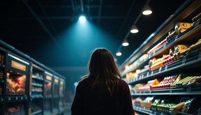 A woman walks down a grocery aisle