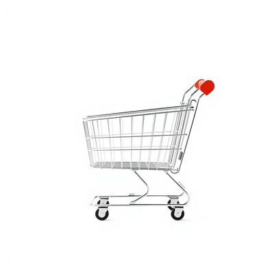 Silver cart with red handles on white background