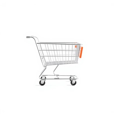 A silver shopping cart sits empty on a white background