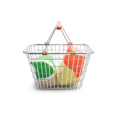 A shopping basket holds two cans of food