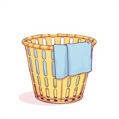 A yellow laundry basket with a blue towel on top