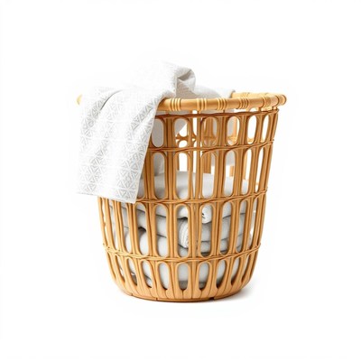 A woven laundry basket with towels