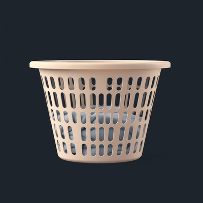 A beige laundry basket filled with clothes
