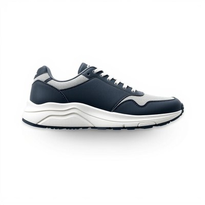 A navy blue and white sneaker with a thick sole