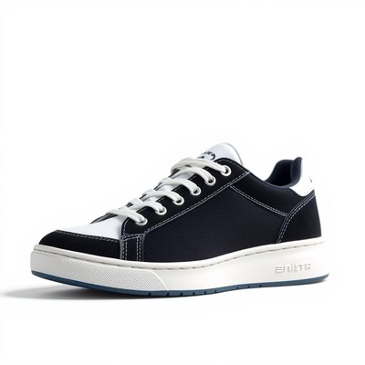 A black and white sneaker with white laces