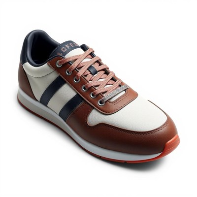 A white and brown sneaker with pink laces