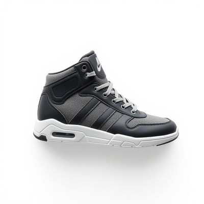 A black and gray sneaker with a white sole