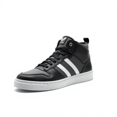 A black high-top sneaker with white stripes