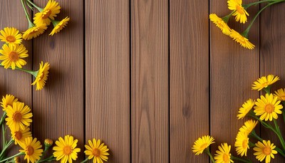 Yellow flowers frame a wooden surface