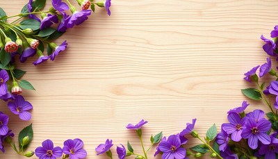 Purple flowers frame a wooden background