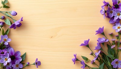 Purple flowers frame a wood background