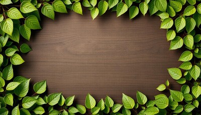 Green leaves frame a wooden surface