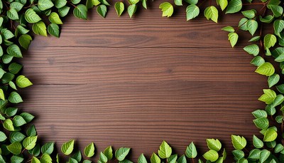 Green leaves frame a wooden surface