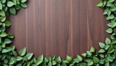 Green leaves frame a wooden surface
