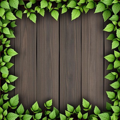 Green leaves frame a wooden background