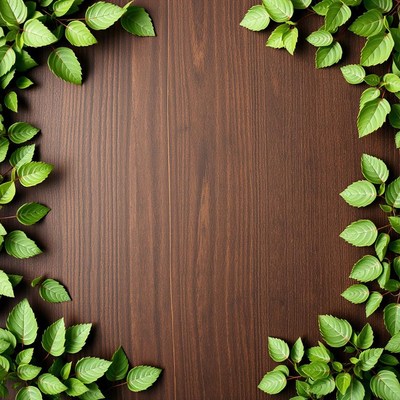 Green leaves frame a brown wooden surface