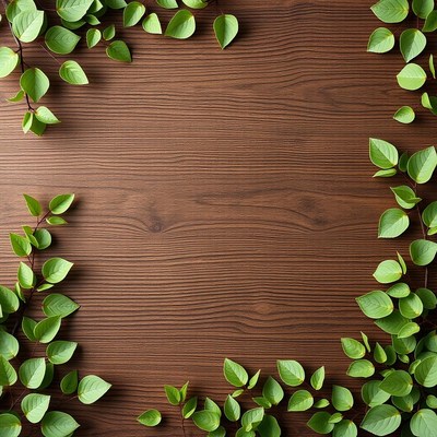 Green leaves frame a brown wooden surface