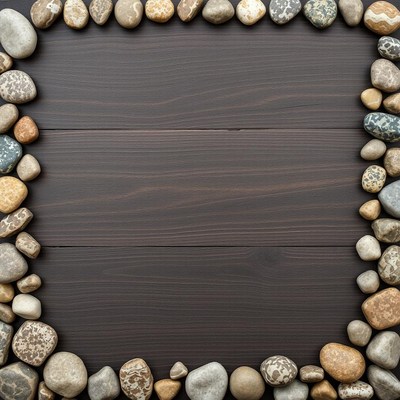 Stones frame a dark wooden background