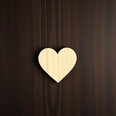 A wooden heart sits on a brown wooden surface