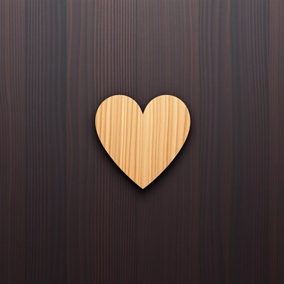 A wooden heart rests on a dark wood surface
