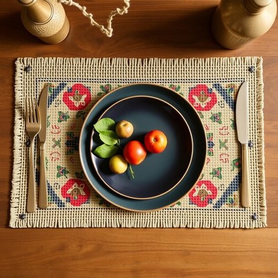 A place setting with fruit on a patterned placemat