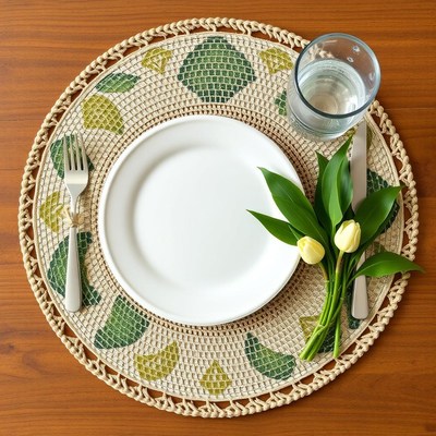 White plate, green/yellow placemat, glass of water