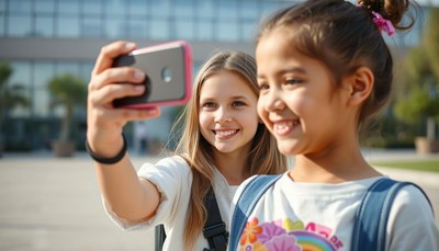 Two girls take a selfie outside a school