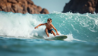 A boy surfs a wave near a rocky shore