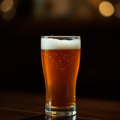 A glass of beer sits on a bar counter