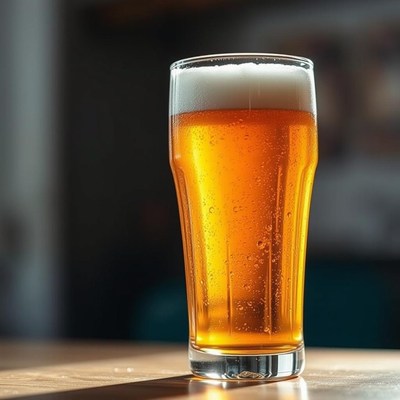 A glass of beer sits on a table