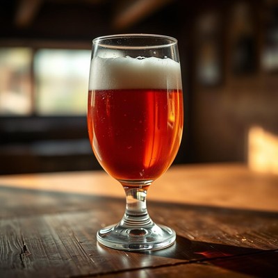A glass of beer sits on a wooden table