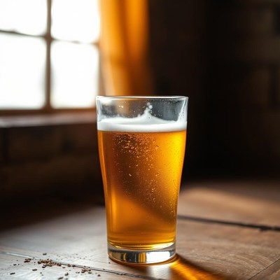 A glass of beer sits on a wooden table