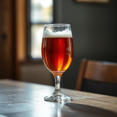 A glass of amber beer sits on a wooden table