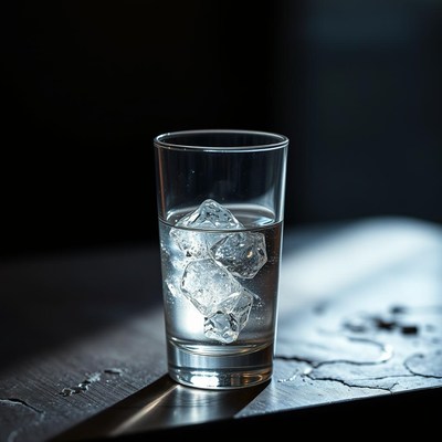A glass of water with ice cubes sits on a table