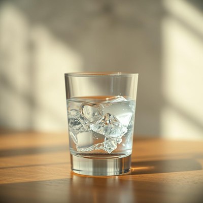 A glass of water with ice cubes sits on a wooden table