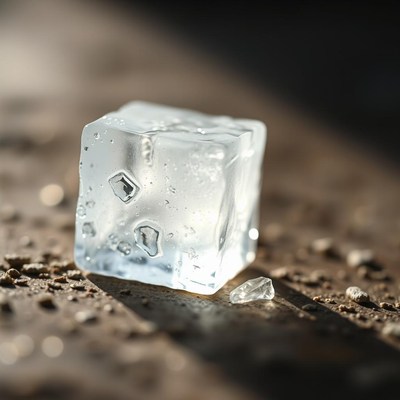 A clear ice cube sits on a textured surface