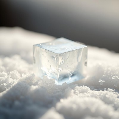 A single ice cube sits in the snow