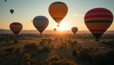 Hot air balloons soar over the landscape at sunrise