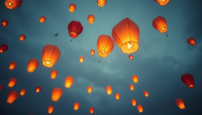 Sky lanterns rise against the twilight sky